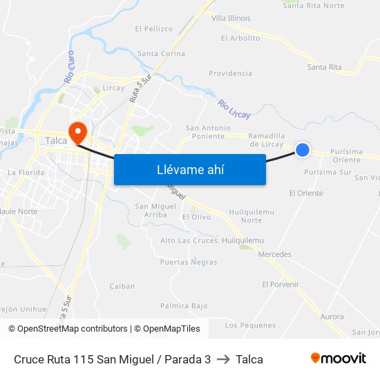 Cruce Ruta 115 San Miguel / Parada 3 to Talca map