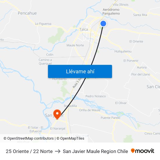 25 Oriente / 22 Norte to San Javier Maule Region Chile map