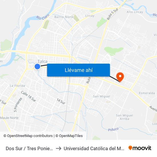Dos Sur / Tres Poniente to Universidad Católica del Maule map
