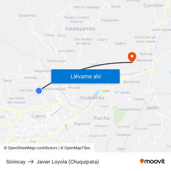 Sinincay to Javier Loyola (Chuquipata) map