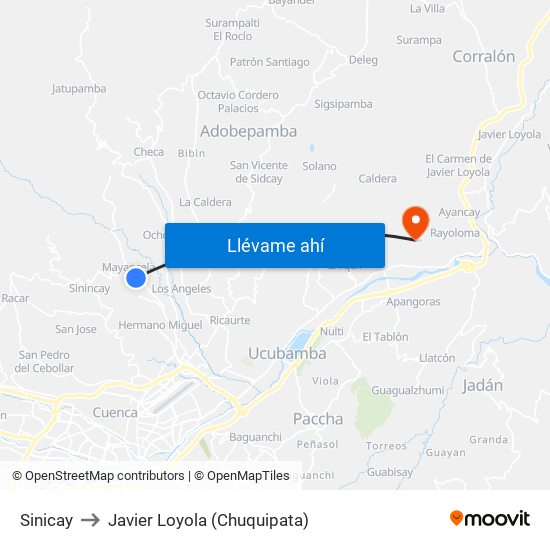 Sinicay to Javier Loyola (Chuquipata) map