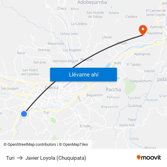 Turi to Javier Loyola (Chuquipata) map