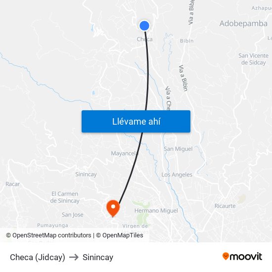 Checa (Jidcay) to Sinincay map