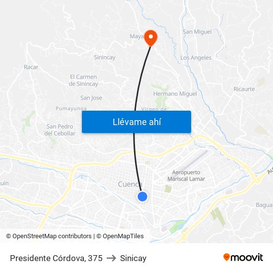 Presidente Córdova, 375 to Sinicay map