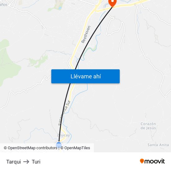 Tarqui to Turi map