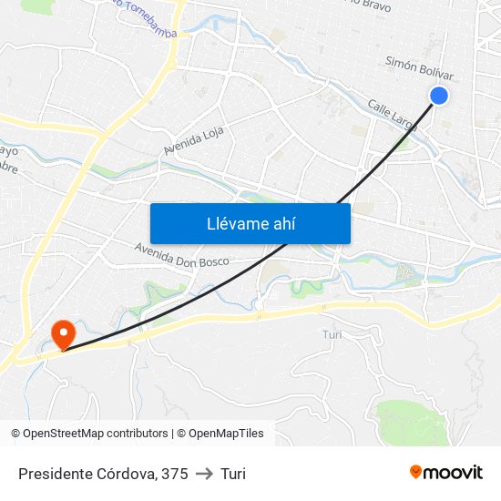 Presidente Córdova, 375 to Turi map