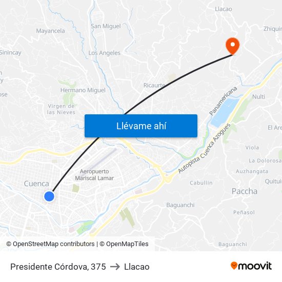 Presidente Córdova, 375 to Llacao map