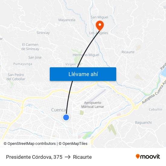 Presidente Córdova, 375 to Ricaurte map