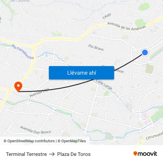 Terminal Terrestre to Plaza De Toros map