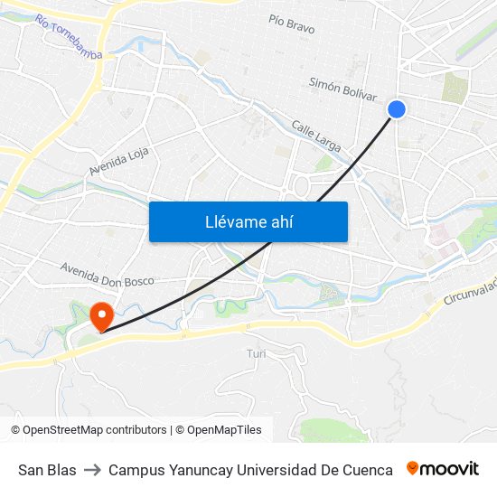 San Blas to Campus Yanuncay Universidad De Cuenca map