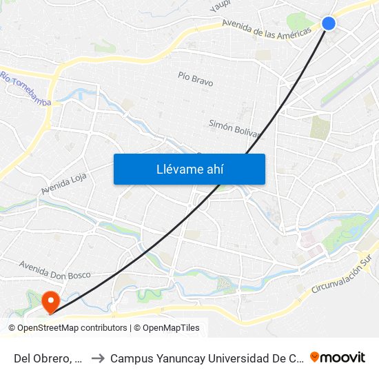 Del Obrero, 140 to Campus Yanuncay Universidad De Cuenca map