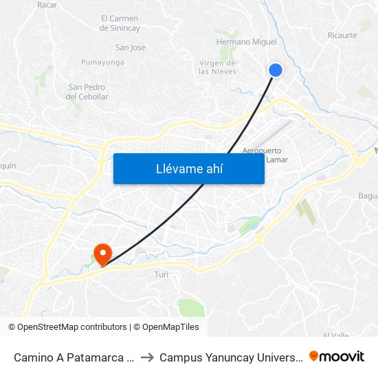 Camino A Patamarca Y Cimarrones to Campus Yanuncay Universidad De Cuenca map