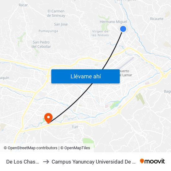 De Los Chasquis to Campus Yanuncay Universidad De Cuenca map