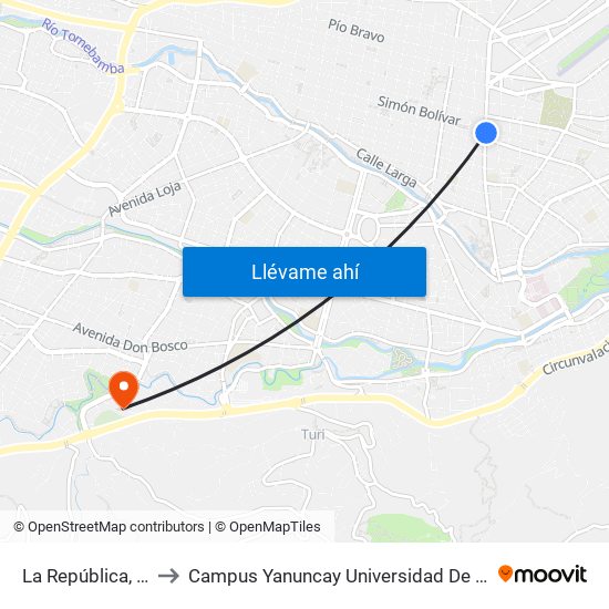 La República, 112 to Campus Yanuncay Universidad De Cuenca map