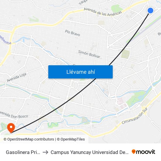 Gasolinera Primax to Campus Yanuncay Universidad De Cuenca map