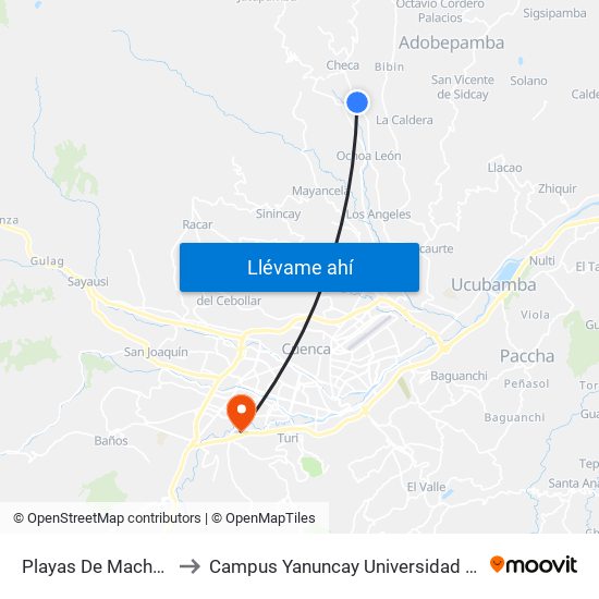 Playas De Machangara to Campus Yanuncay Universidad De Cuenca map