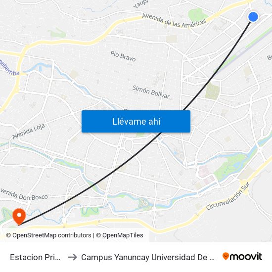 Estacion Primax to Campus Yanuncay Universidad De Cuenca map