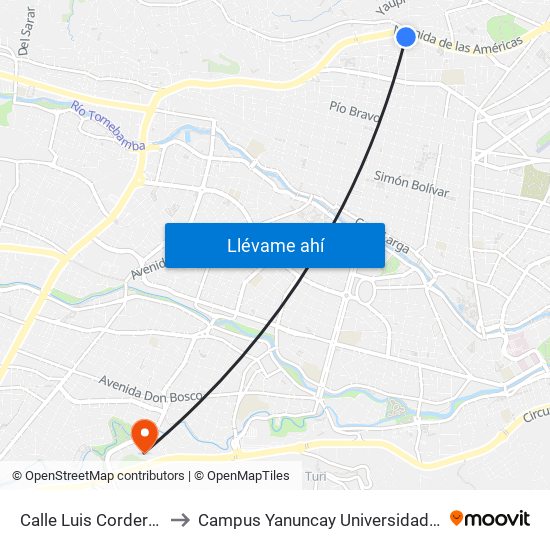 Calle Luis Cordero, 2174 to Campus Yanuncay Universidad De Cuenca map