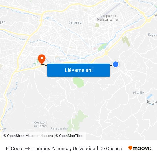 El Coco to Campus Yanuncay Universidad De Cuenca map