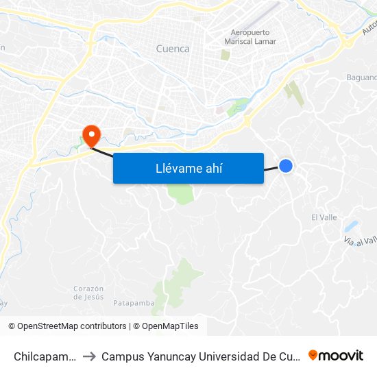 Chilcapamba to Campus Yanuncay Universidad De Cuenca map