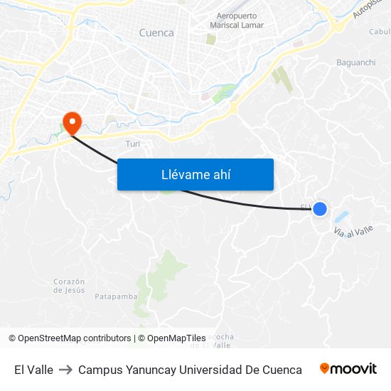 El Valle to Campus Yanuncay Universidad De Cuenca map
