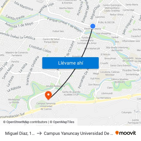 Miguel Diaz, 1816 to Campus Yanuncay Universidad De Cuenca map