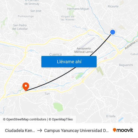 Ciudadela Kennedy to Campus Yanuncay Universidad De Cuenca map