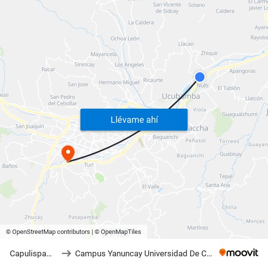 Capulispamba to Campus Yanuncay Universidad De Cuenca map