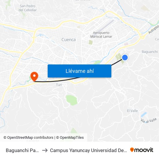 Baguanchi Paccha to Campus Yanuncay Universidad De Cuenca map