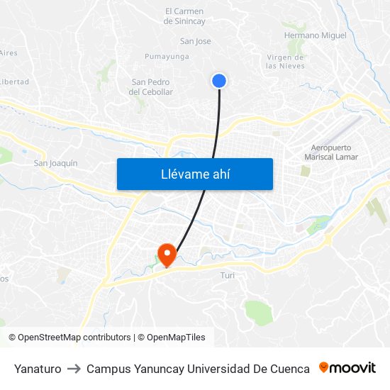 Yanaturo to Campus Yanuncay Universidad De Cuenca map