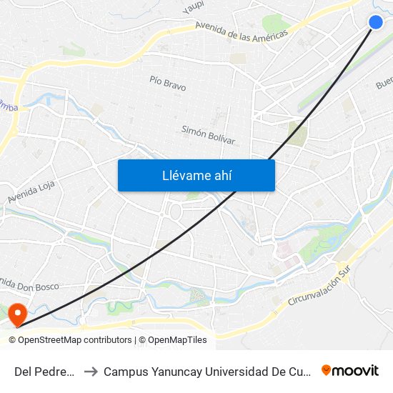 Del Pedregal to Campus Yanuncay Universidad De Cuenca map