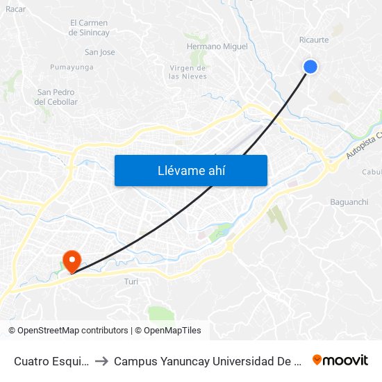 Cuatro Esquinas to Campus Yanuncay Universidad De Cuenca map