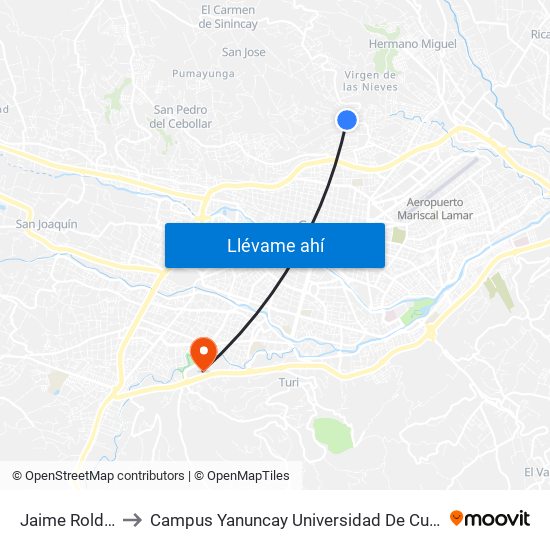 Jaime Roldos to Campus Yanuncay Universidad De Cuenca map