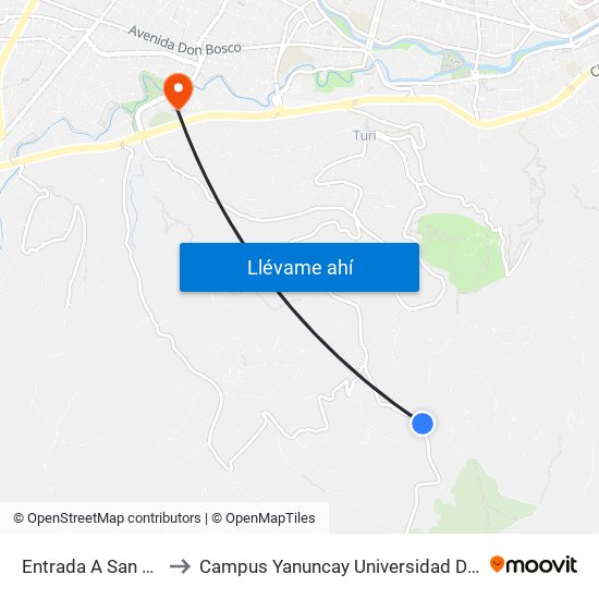 Entrada A San Pedro to Campus Yanuncay Universidad De Cuenca map