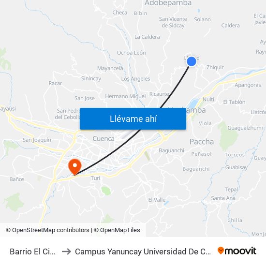 Barrio El Cisne to Campus Yanuncay Universidad De Cuenca map