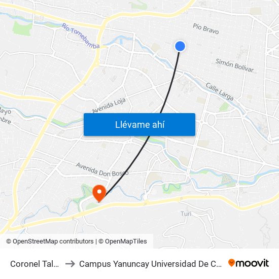 Coronel Talbot to Campus Yanuncay Universidad De Cuenca map