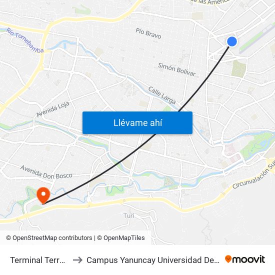 Terminal Terrestre to Campus Yanuncay Universidad De Cuenca map