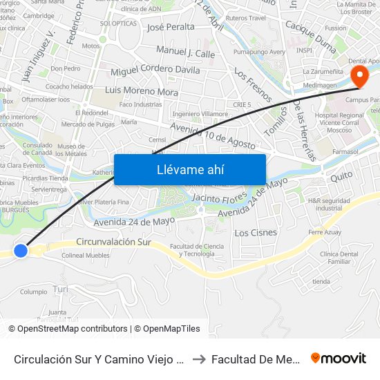 Circulación Sur Y Camino Viejo A Baños to Facultad De Medicina map