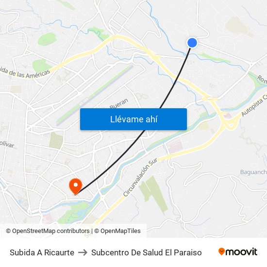 Subida A Ricaurte to Subcentro De Salud El Paraiso map