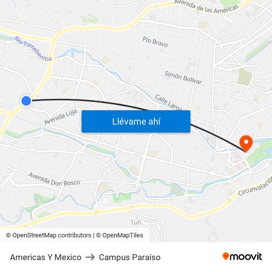 Americas Y Mexico to Campus Paraíso map