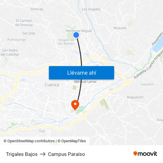 Trigales Bajos to Campus Paraíso map