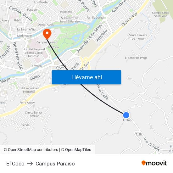 El Coco to Campus Paraíso map