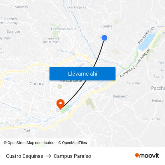 Cuatro Esquinas to Campus Paraíso map