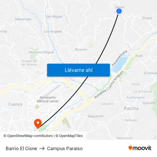 Barrio El Cisne to Campus Paraíso map