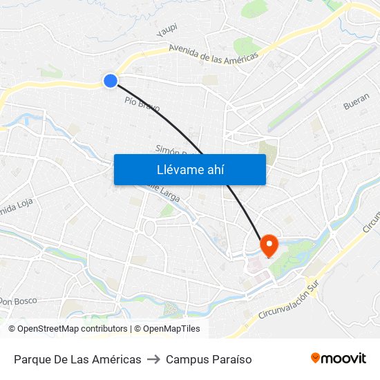 Parque De Las Américas to Campus Paraíso map