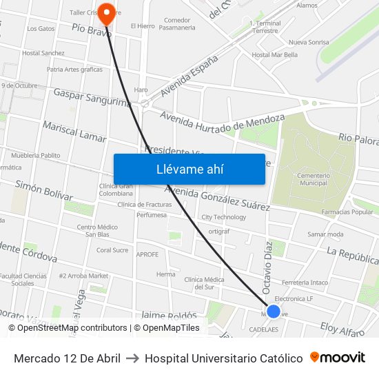 Mercado 12 De Abril to Hospital Universitario Católico map