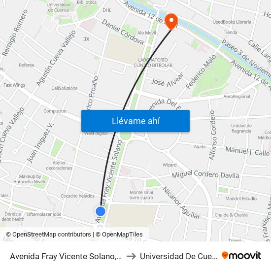 Avenida Fray Vicente Solano, 851 to Universidad De Cuenca map