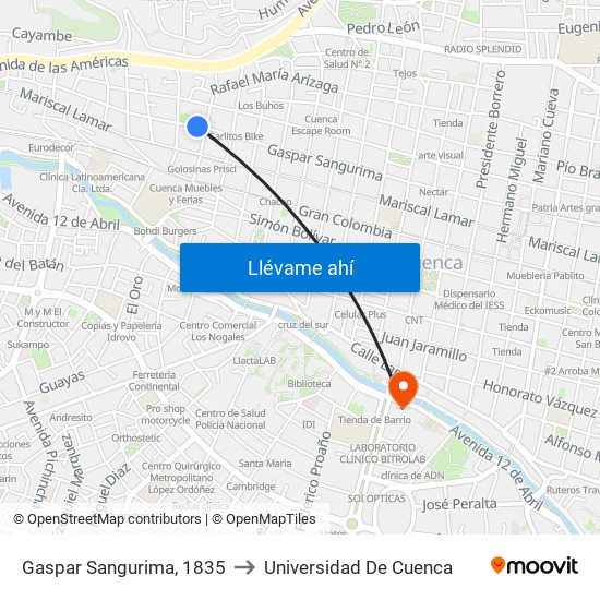 Gaspar Sangurima, 1835 to Universidad De Cuenca map