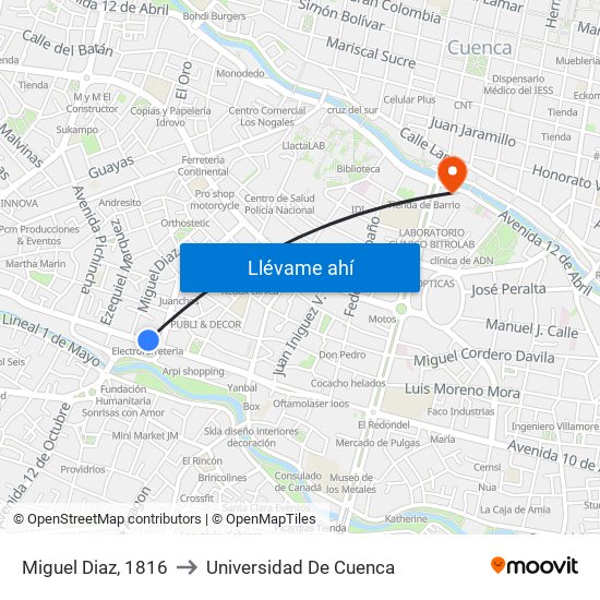 Miguel Diaz, 1816 to Universidad De Cuenca map