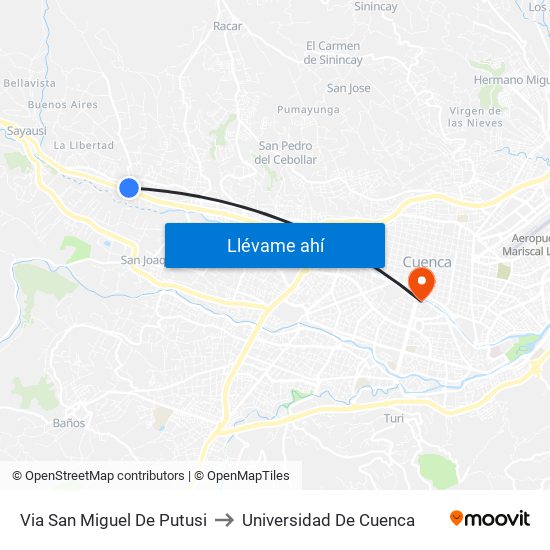 Via San Miguel De Putusi to Universidad De Cuenca map